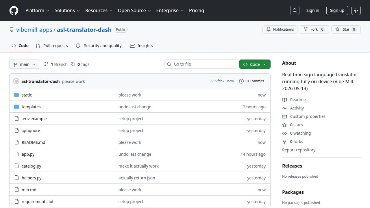 screenshot of asl-translator-dash