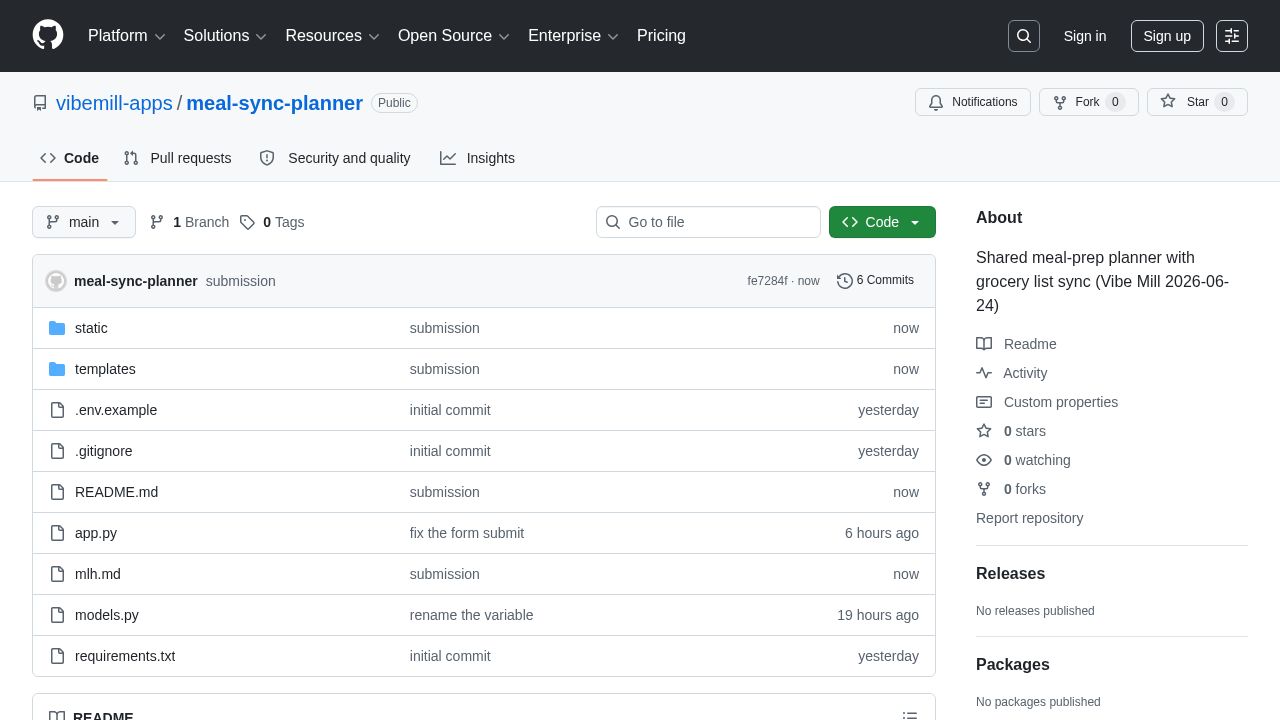 screenshot of meal-sync-planner