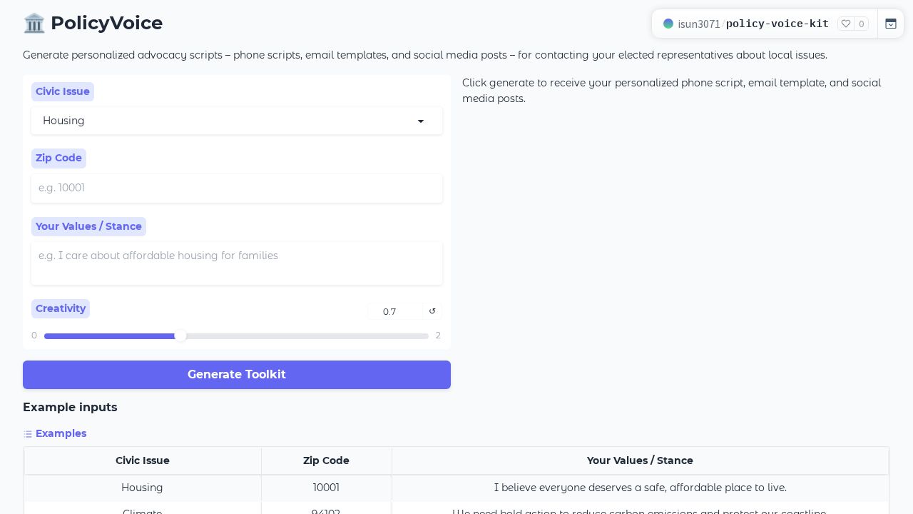 screenshot of policy-voice-kit